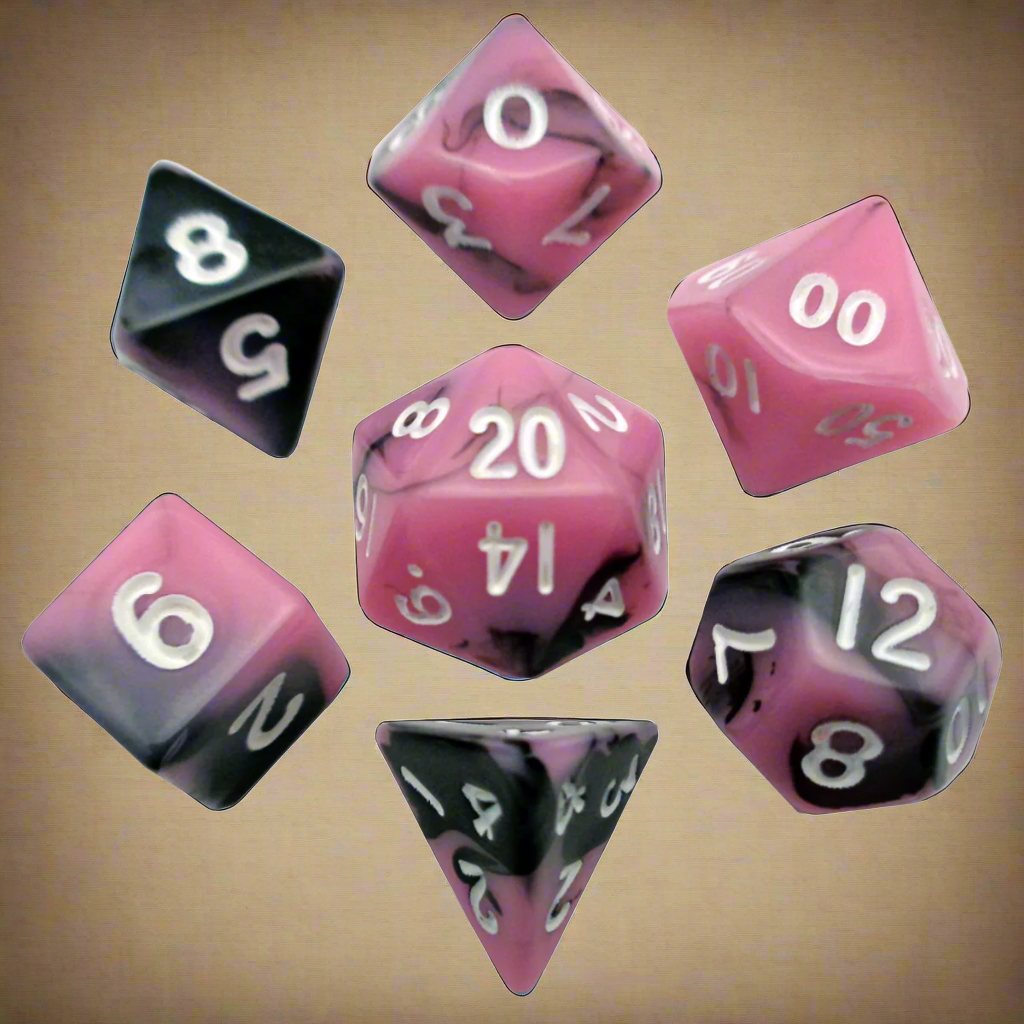 7 Count Mini Poly Dice Set: Pink/Black with White Numbers