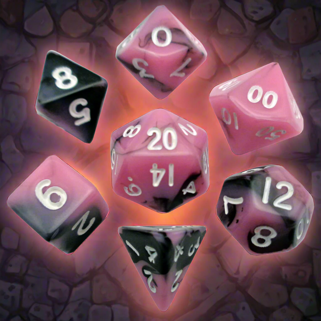 7 Count Mini Poly Dice Set: Pink/Black with White Numbers