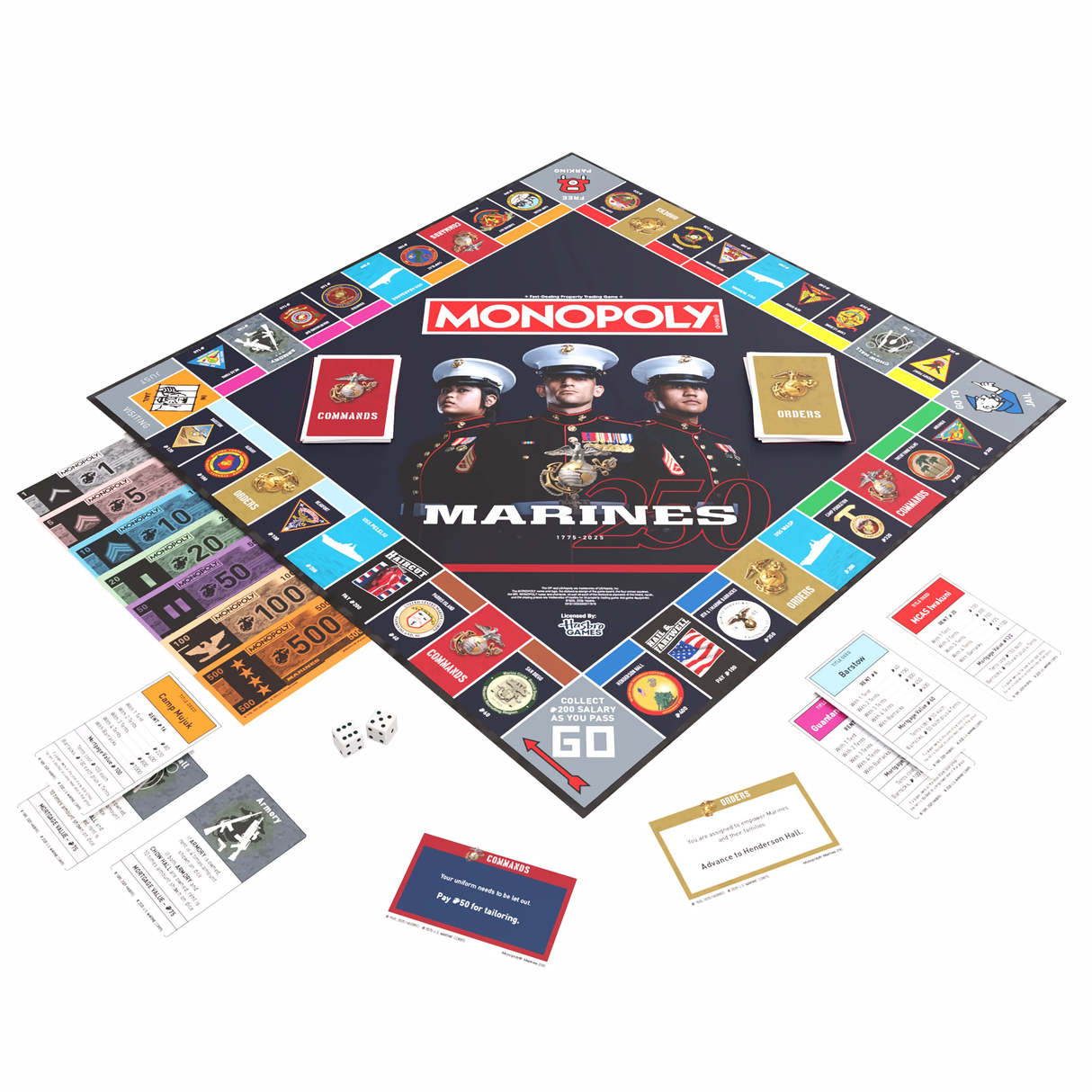 Monopoly Marines 250th Anniversary game box back showing Marine Corps themed components