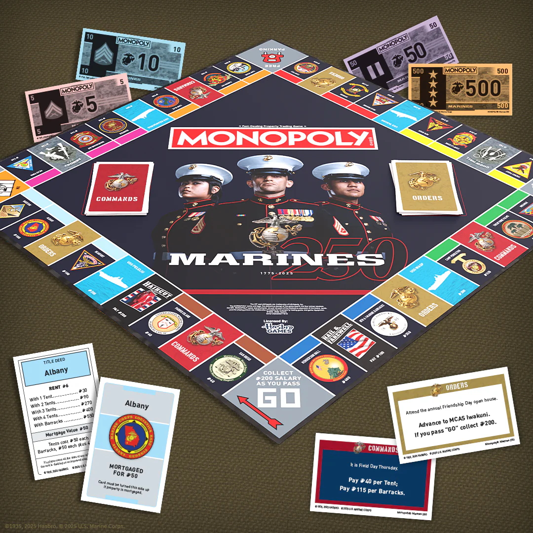 Monopoly Marines 250th Anniversary game board featuring Marine Corps bases and landmarks