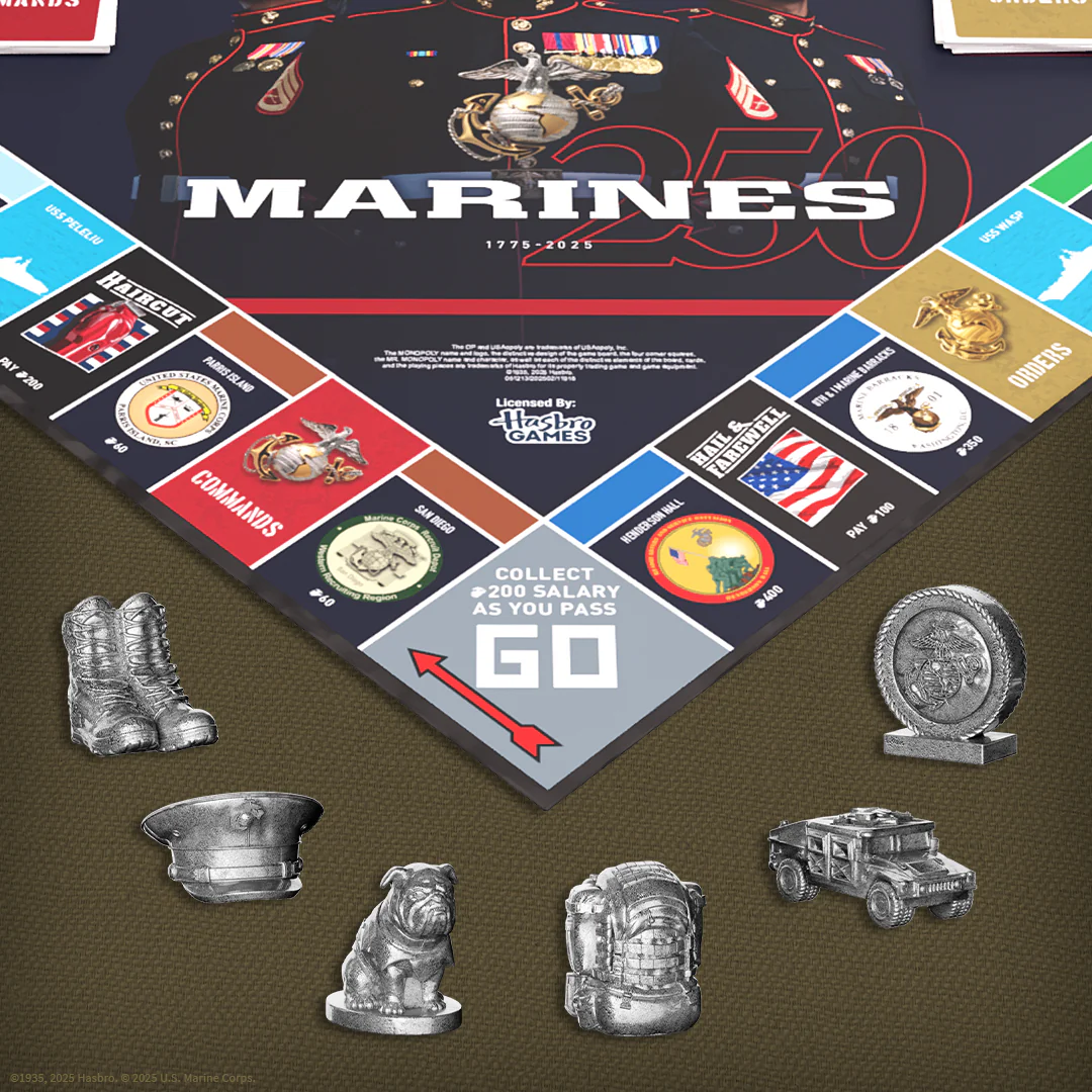 Monopoly Marines 250th Anniversary custom Marine Corps tokens and game pieces