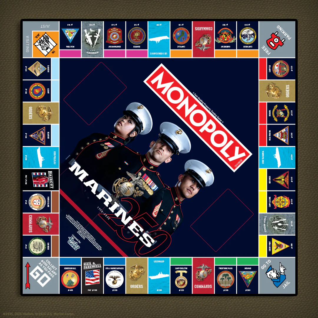 Monopoly Marines 250th Anniversary property cards with Marine Corps locations and history
