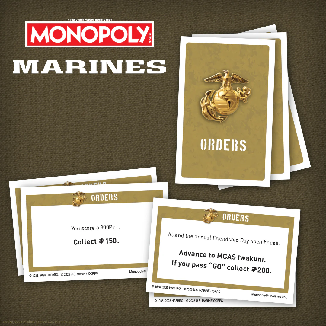 Monopoly Marines 250th Anniversary special edition cards and Marine Corps trivia