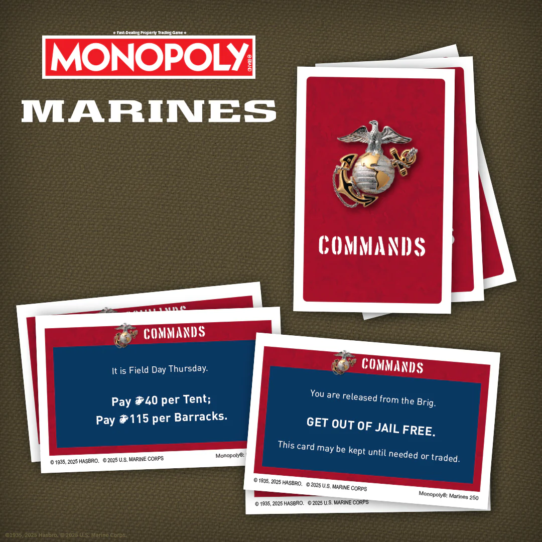 Monopoly Marines 250th Anniversary complete game setup with all commemorative elements