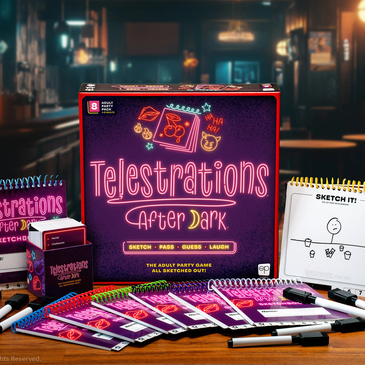Telestrations After Dark 8 Player (2nd Edition) board game box showing adult party game theme