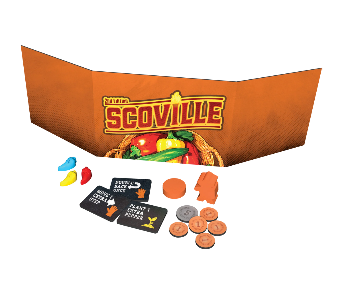 Scoville: Second Edition game components and pepper tokens