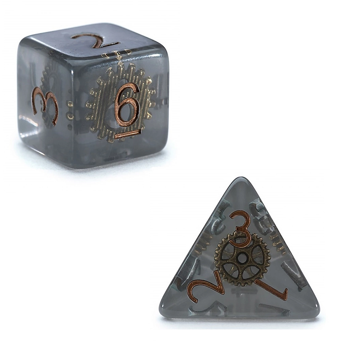 Inclusion Dice: Steampunk (7 Polyhedral Dice Set) (Pre-Order) detailed view of steampunk elements inside dice