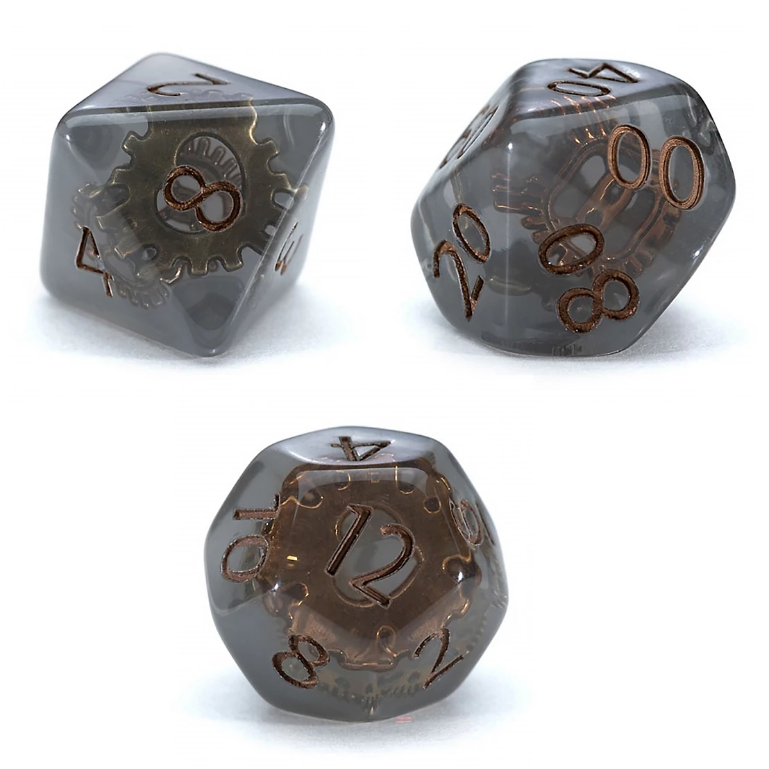 Inclusion Dice: Steampunk (7 Polyhedral Dice Set) (Pre-Order) close-up of gears and mechanical inclusions