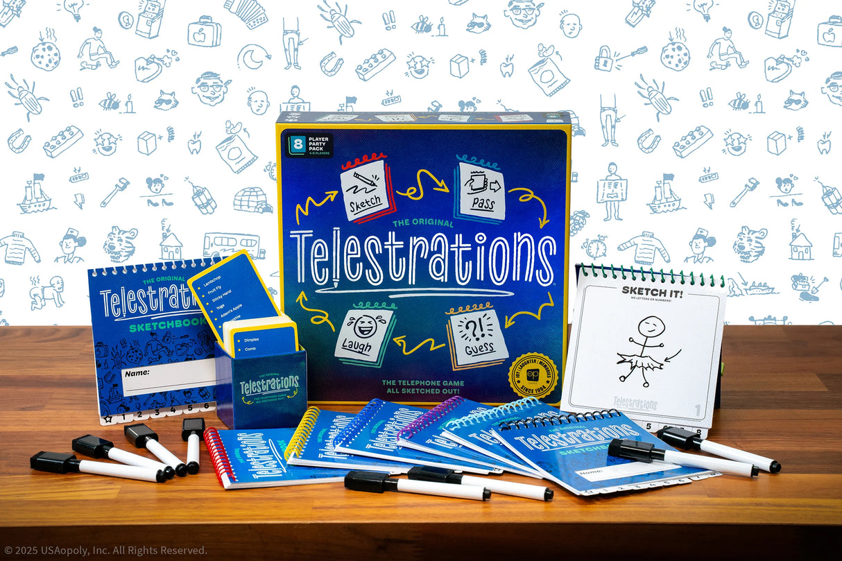 Telestrations 8 player party pack (2nd Edition) board game box showing drawing and guessing party game
