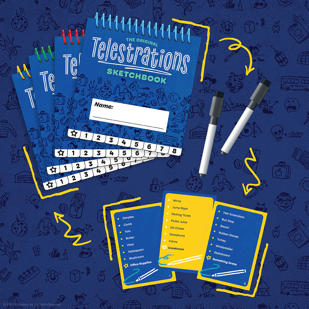 Telestrations 8 player party pack (2nd Edition) board game components with sketch pads and markers