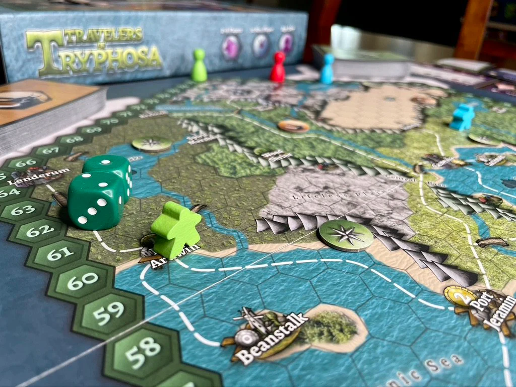 Travelers of Tryphosa board game detailed game board with fantasy landscape