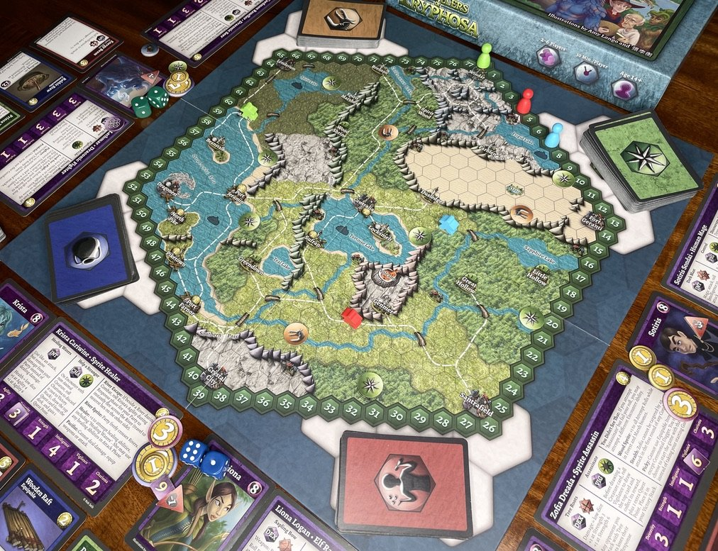 Travelers of Tryphosa board game character cards and player components