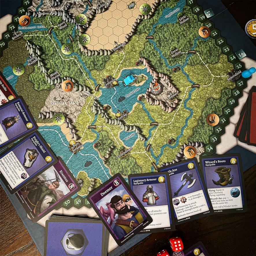 Travelers of Tryphosa board game gameplay setup with tokens and cards
