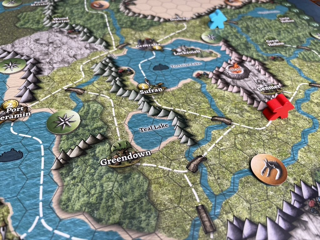 Travelers of Tryphosa board game component spread showing all pieces