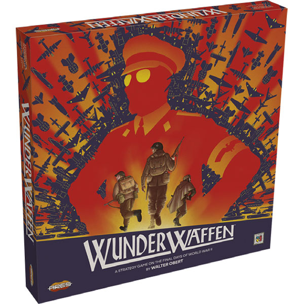 Board game box for 'Wunderwaffen' with soldiers and weapons on a red background