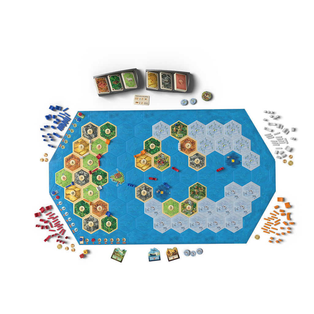 Catan: Explorers and Pirates board game ship pieces and harbor tiles