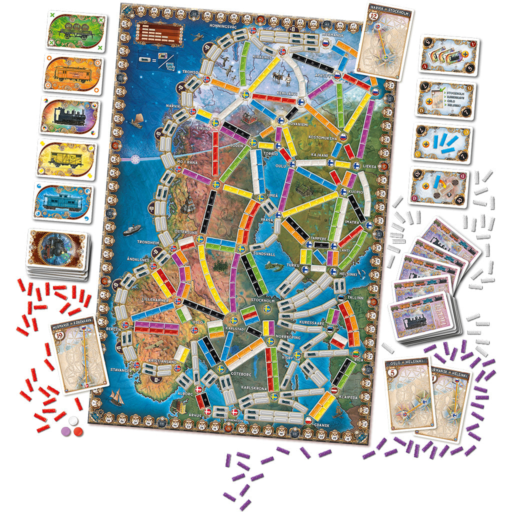 Ticket to Ride Northern Lights game components and route cards