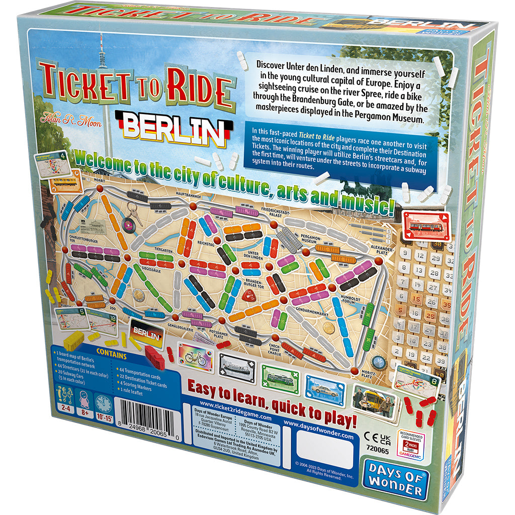 Ticket to Ride Berlin board game components including train pieces and destination cards