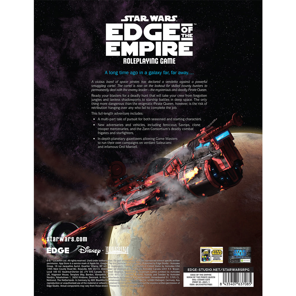 Star Wars - Edge of the Empire: Mask of the Pirate Queen RPG showing adventure book and campaign materials