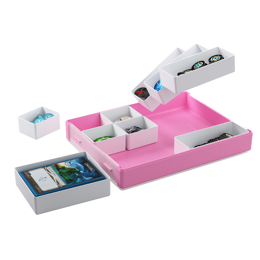 Gamegenic: Token Silo - White/Pink showing 9 removable trays in 3 different sizes