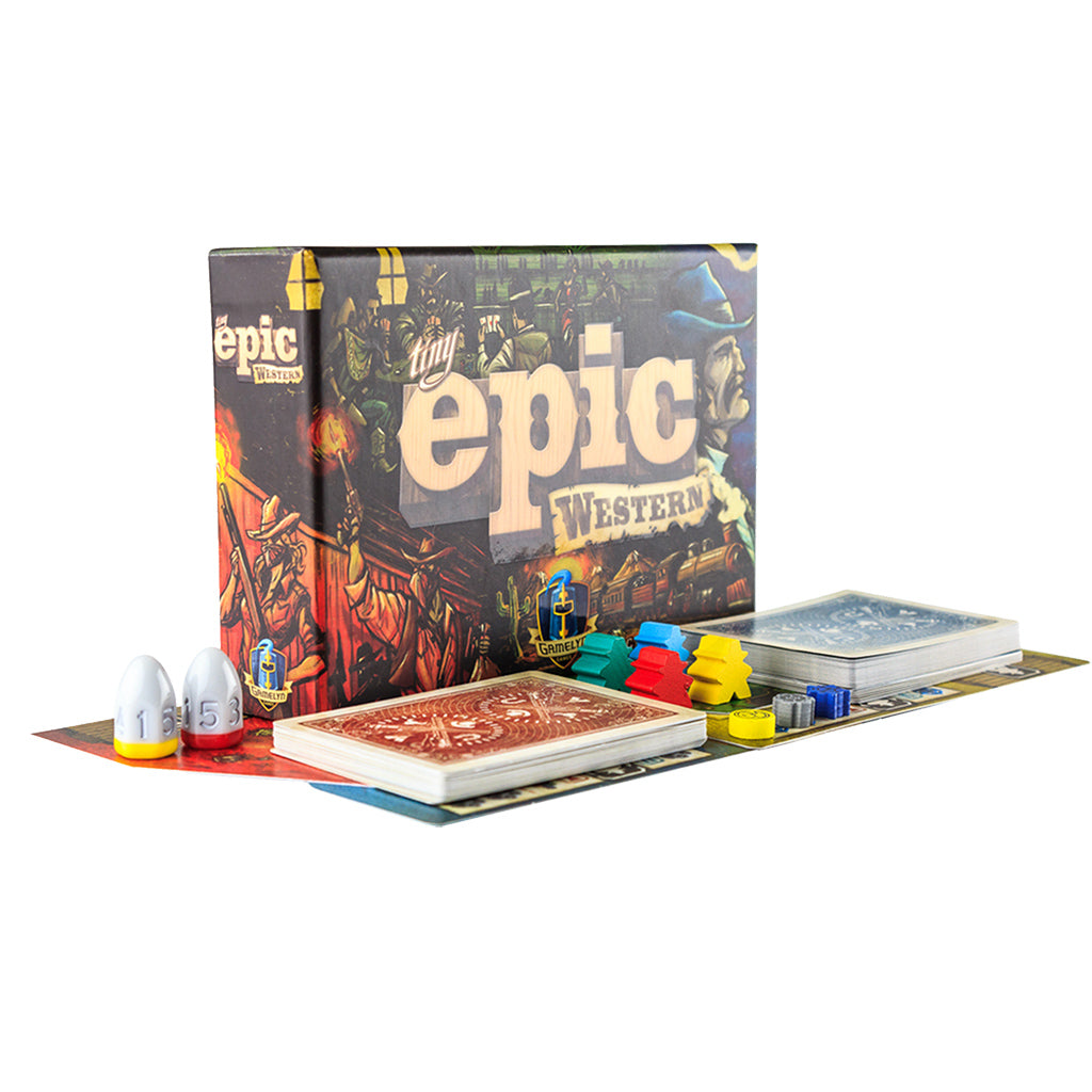 Tiny Epic Western Retail board game box cover with Wild West theme
