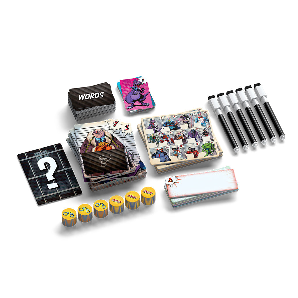 Alibis board game box cover with mystery detective theme