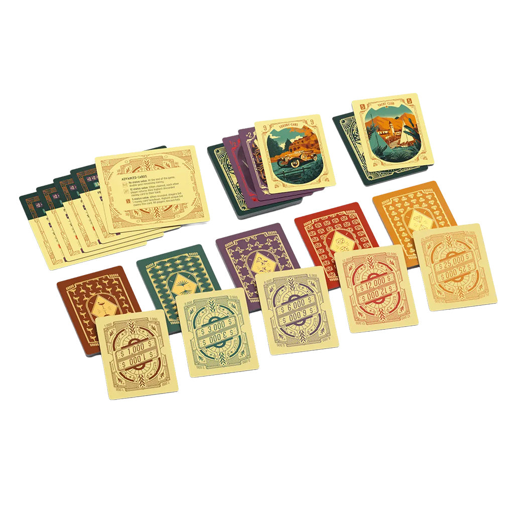 High Society board game status cards and money cards spread on table