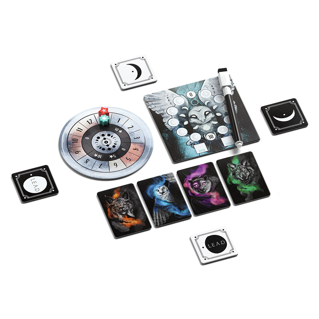 Lunar board game components including game board, cards, and player pieces
