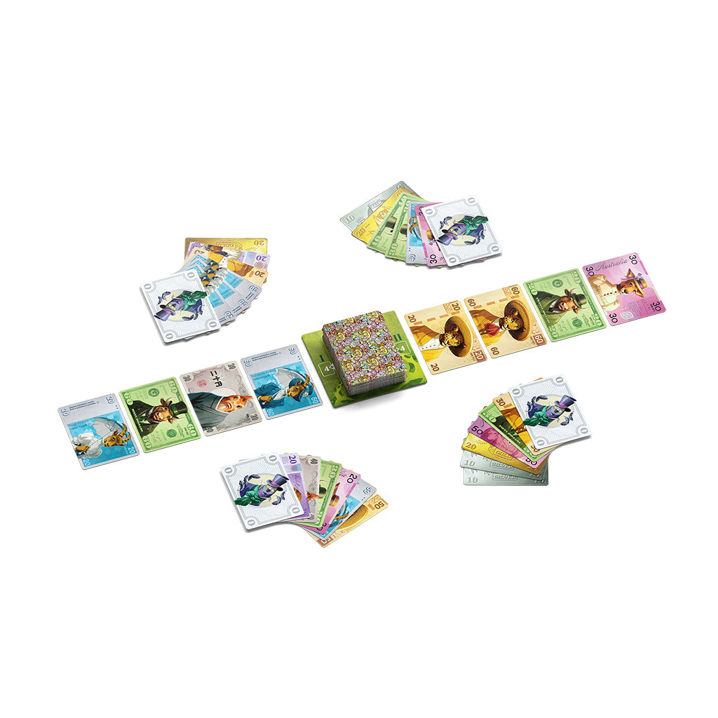 Money! board game box cover with currency and financial theme