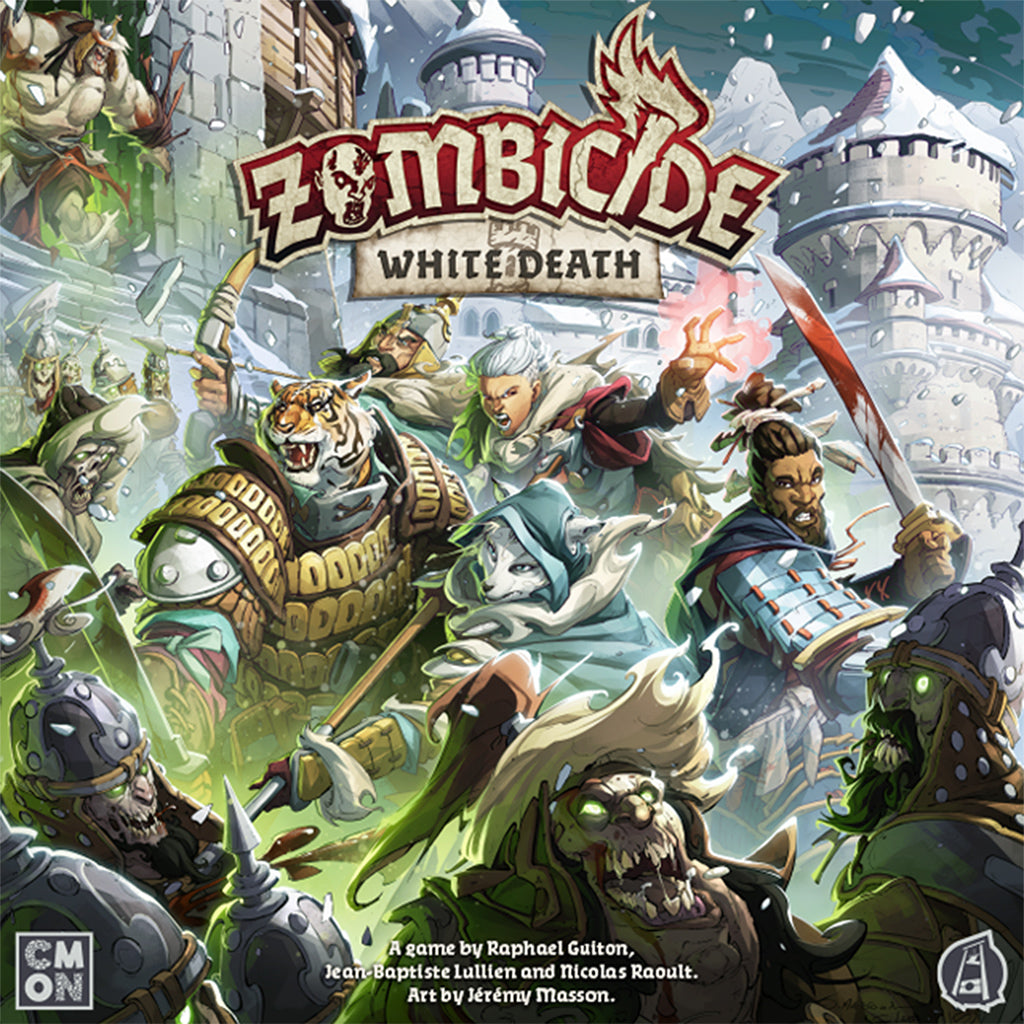 Zombicide: White Death board game displaying winter survivor characters and game components