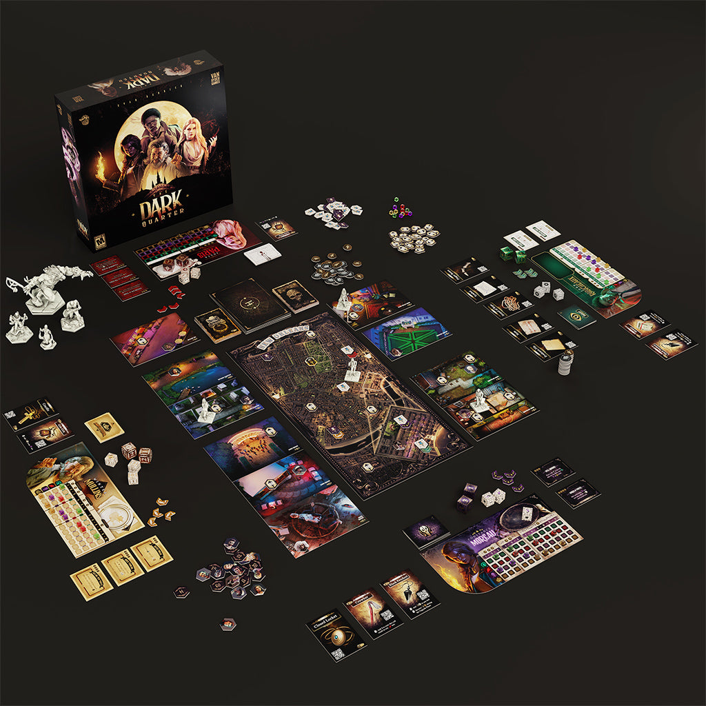 The Dark Quarter game components and character cards