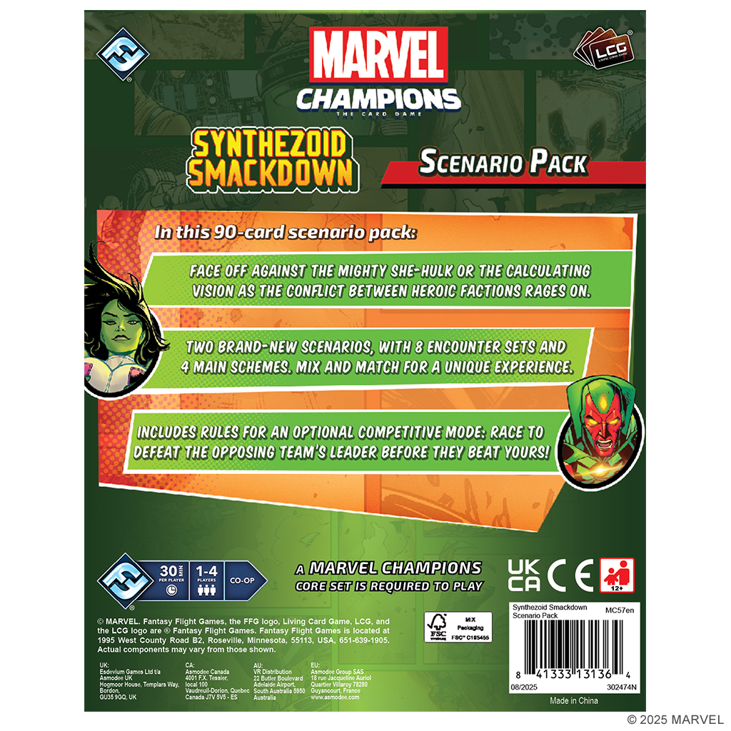 Marvel Champions: The Card Game - Synthezoid Smackdown Scenario Pack board game featuring character abilities and scenario details
