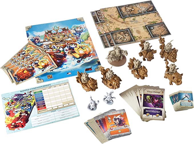 Arcadia Quest Riders expansion components including mounted heroes and creature miniatures