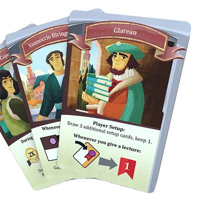 Alma Mater board game component overview with cards and tokens