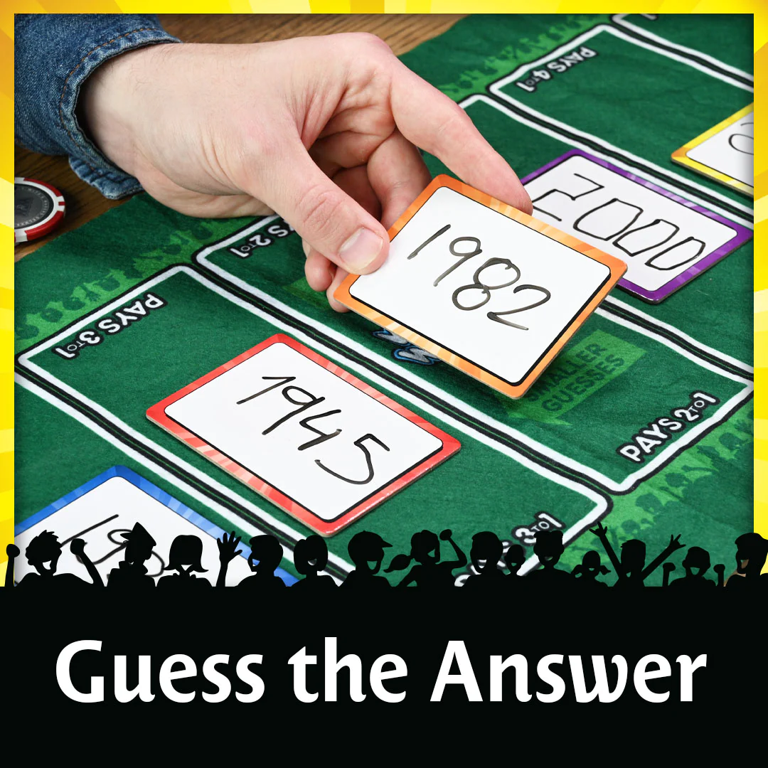 Wits and Wagers Deluxe question cards and game components