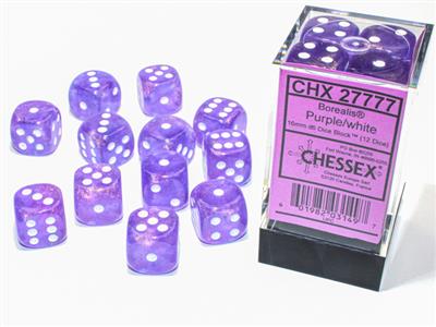 Chessex - Borealis 16mm d6 Purple/white Luminary dice block (12 dice)