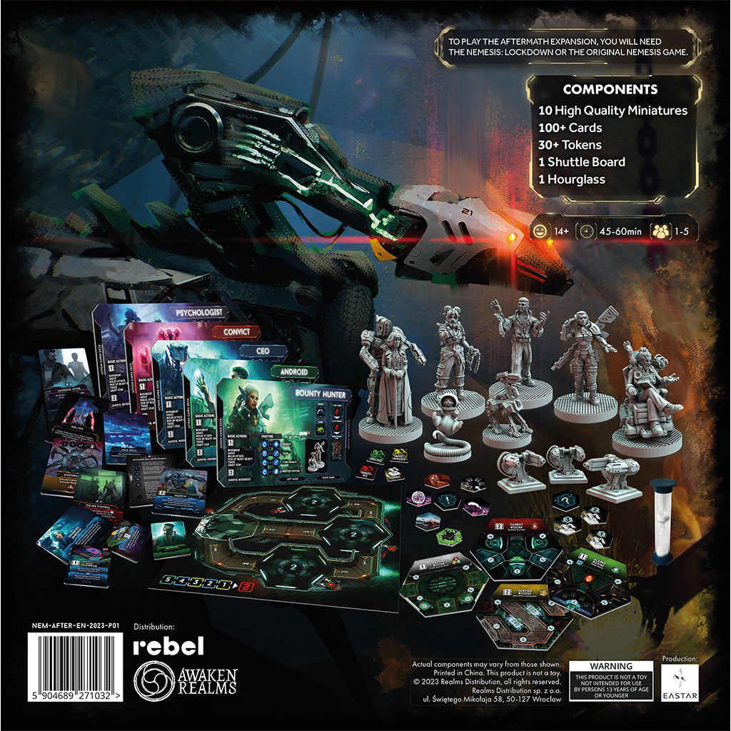 Nemesis: Aftermath game components and survivor miniatures