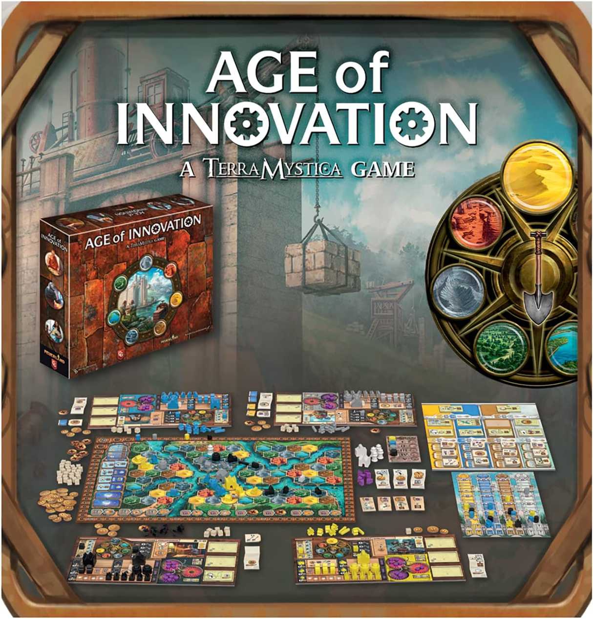 Age of Innovation gameplay setup with faction pieces