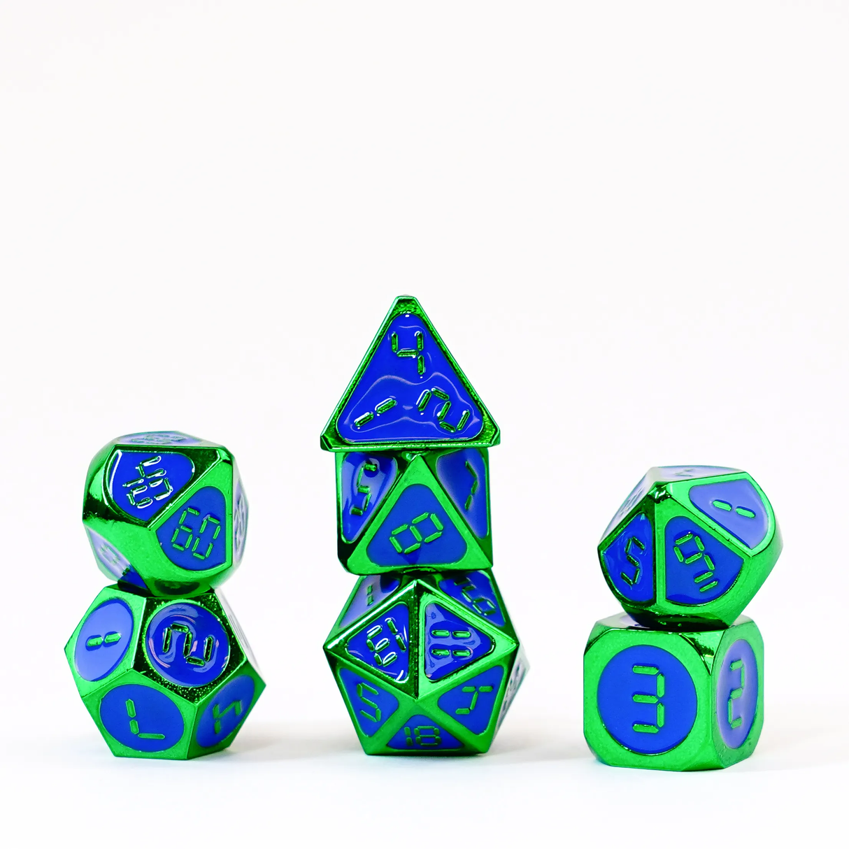 16mm Metal Polyhedral Dice: Green w Blue Enamel close-up detail