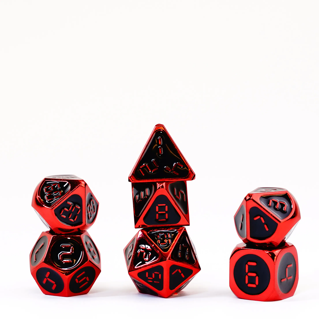 16mm Metal Polyhedral Dice: Red with black enamel close-up detail