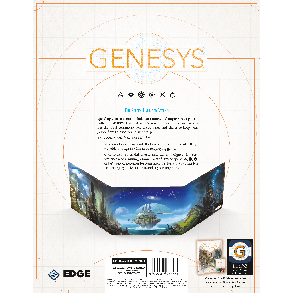 Genesys: Game Master's Screen RPG interior panels with reference tables