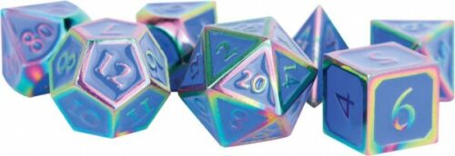 16mm Metal Polyhedral Dice: Rainbow with blue enamel