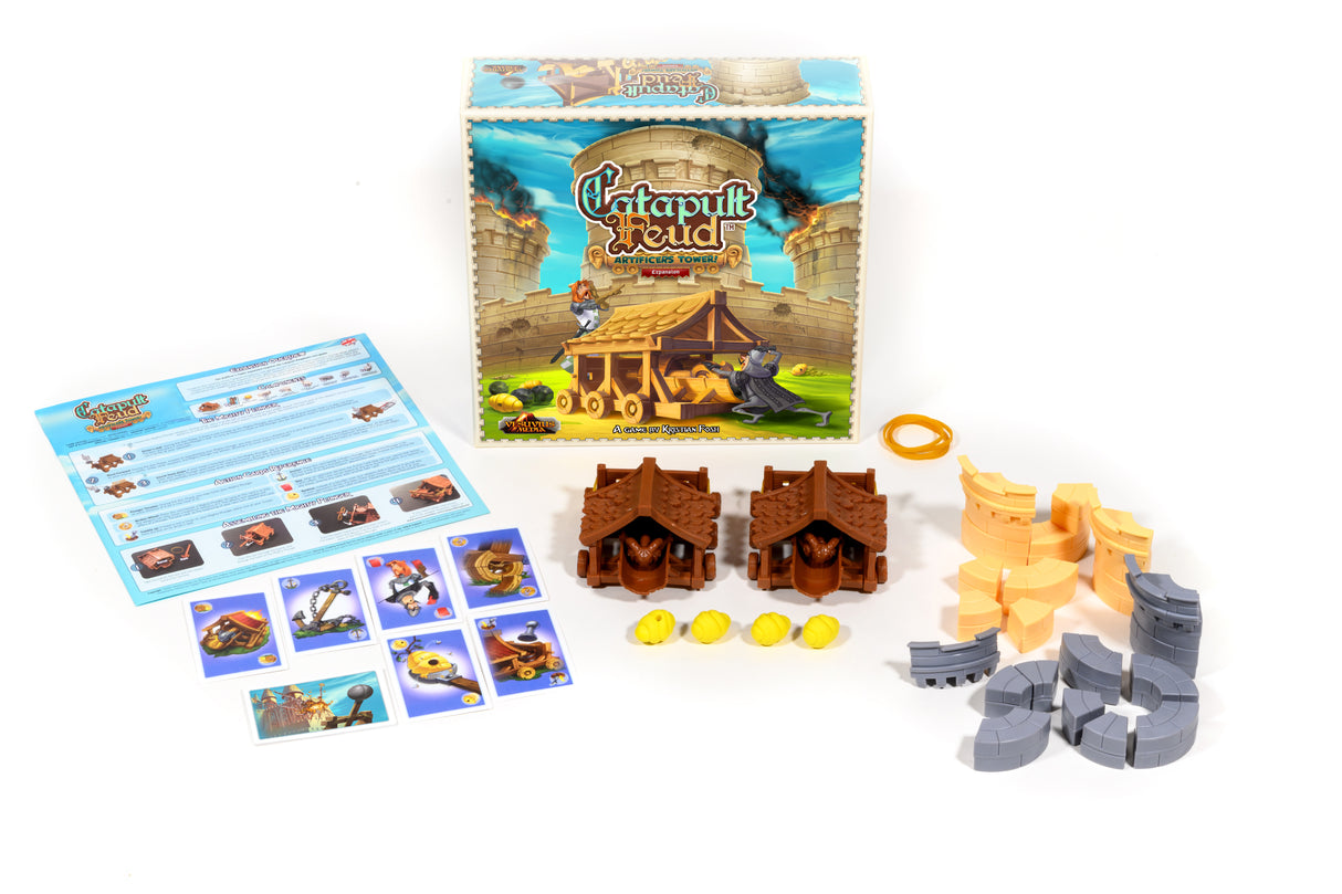 Catapult Feud: Artificer's Tower Expansion board game expansion box showing tower components