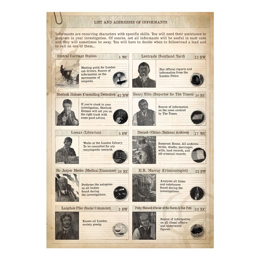 Sherlock Holmes The Baker Street Irregulars street urchin character cards and detective abilities for cooperative gameplay