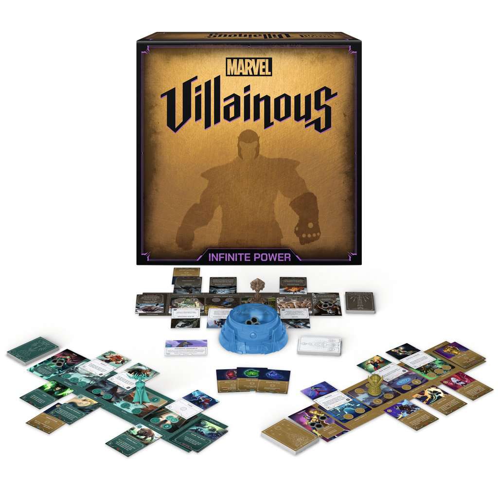 Marvel Villainous: Infinite Power gameplay components with villain boards and cards