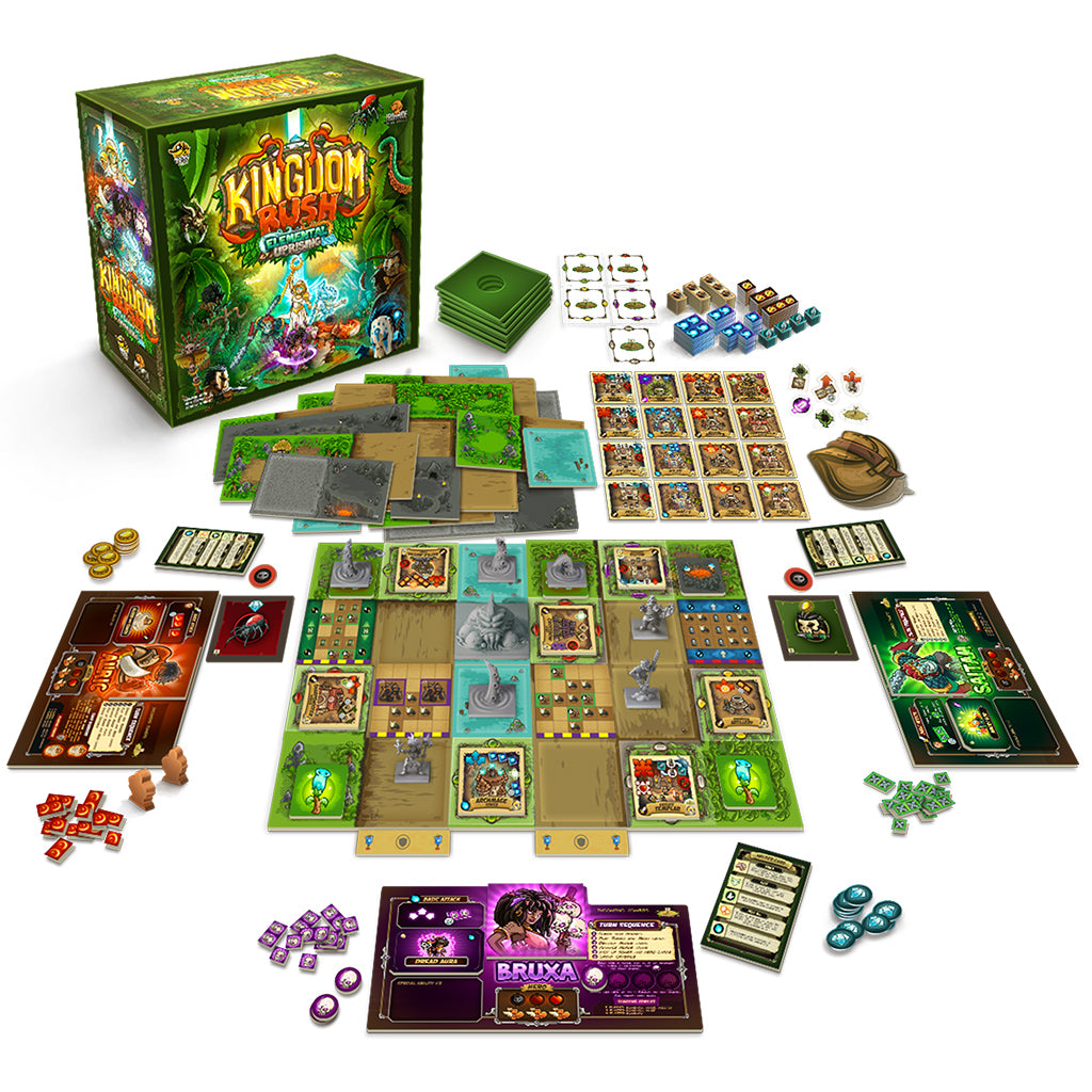 Kingdom Rush: Elemental Uprising game components and hero miniatures