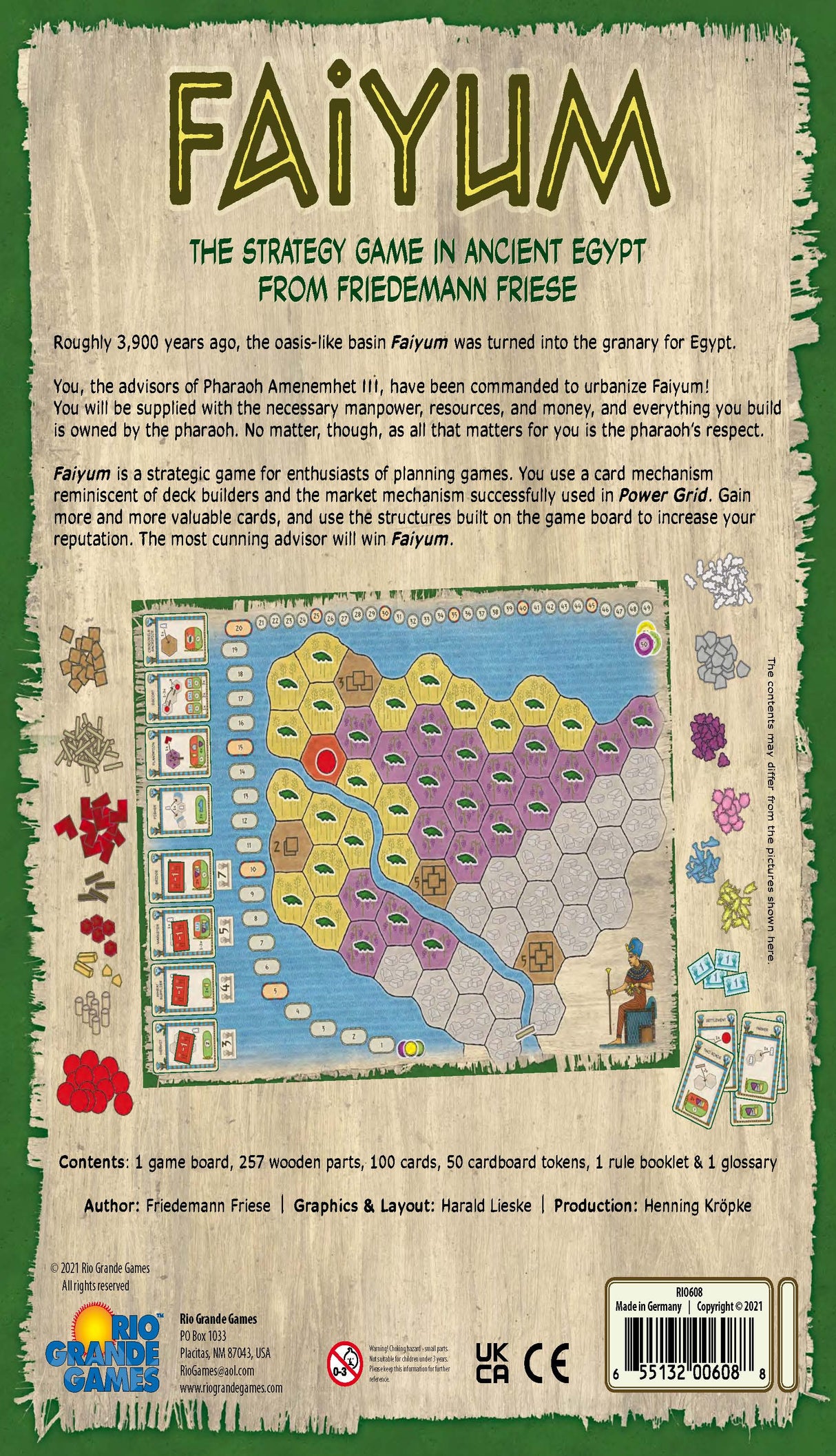 Faiyum game components including worker placement cards and ancient Egypt development tiles