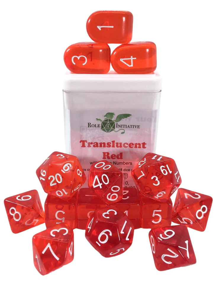 Polyhedral Dice: Translucent Red w/ White Numbers - Set of 15