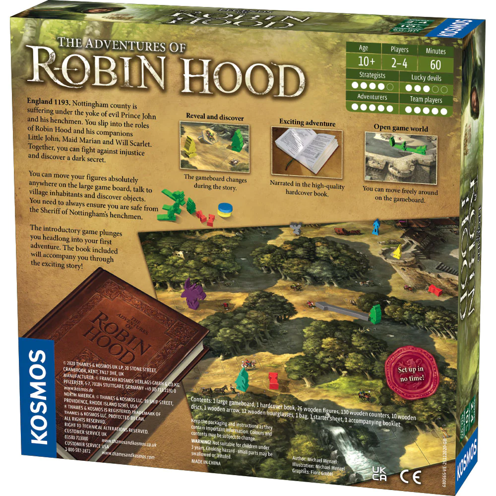 The Adventures of Robin Hood detailed game pieces featuring Robin Hood's band and medieval England setting