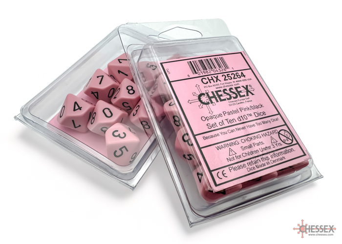 Chessex Opaque Pastel Pink/black Set of Ten d10s